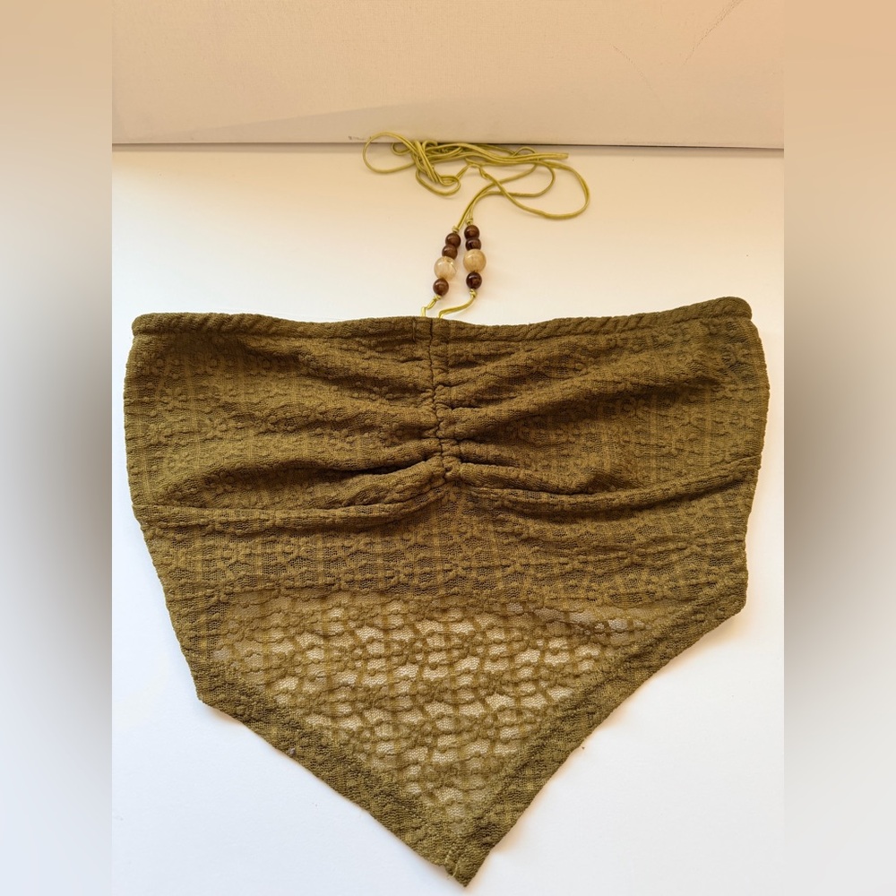 Cider Olive Green Crochet Triangle Bandana Top with Strap Ties